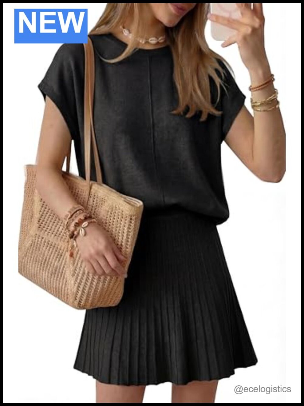 Luxury Wool Blend Knit 2 Piece Set Cap Sleeve Top Pleated Mini Skirt Outfits